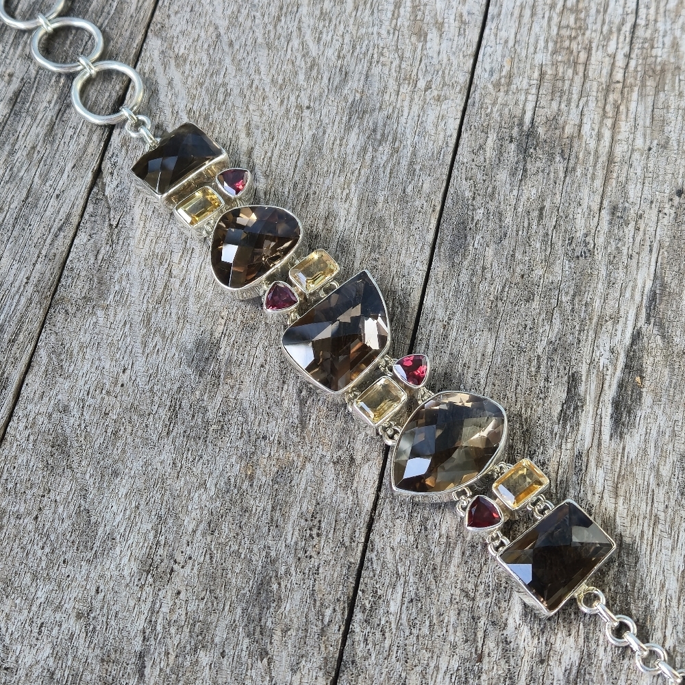 Arya 925 Sterling Silver Smoky Quartz Citrine Rhodolite Garnet Toggle Bracelet